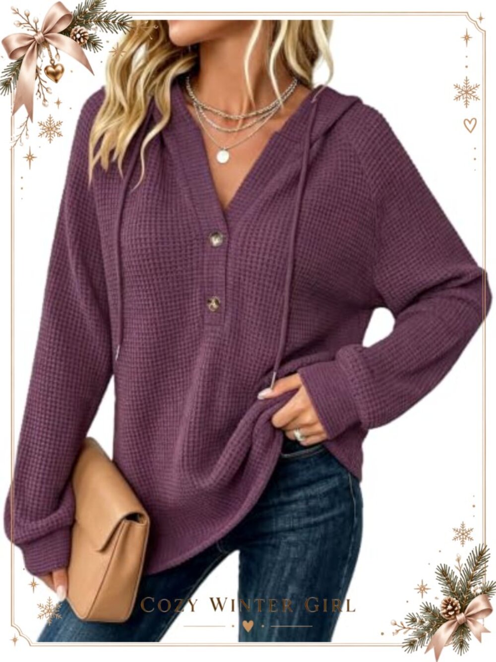 Waffle Knit Button Down Hoodie Long Sleeve Casual Pullover